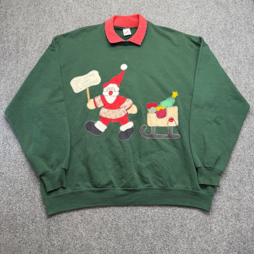 Vintage Jerzees Christmas Santa Sweatshirt Green Red Collar 3X Plus Size 90s